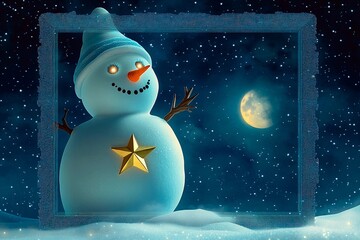 Magical snowman with twinkling eyes and a golden star at night