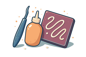 Crafting supplies set with sculpting tool, adhesive bottle, and material piece