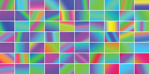 A vibrant collection of holographic squares with a pastel rainbow gradient, creating a mesmerizing abstract background pattern isolated on