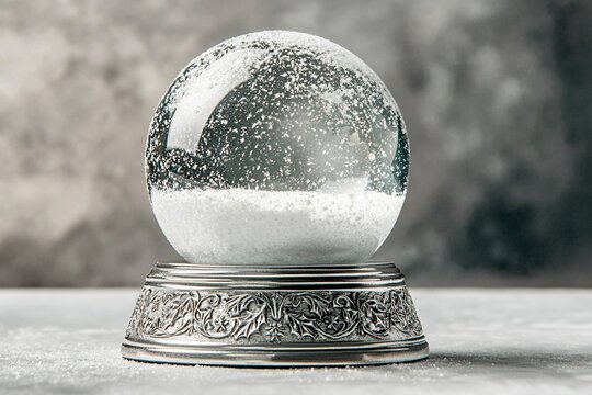 Engraved silver base snow globe featuring winter scene with trees and snowflakes - Powered by Adobe