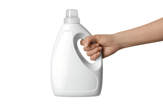 A hand holding a white plastic laundry detergent bottle on transparent background.