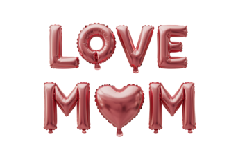 Rose gold balloon letters spelling love mom with a heart on transparent background.