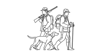 Hunters with dog and gear embark on an outdoor adventure