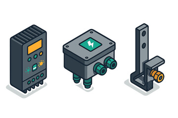 Obraz premium Solar energy system components set including charge controller, junction box, and mounting hardware