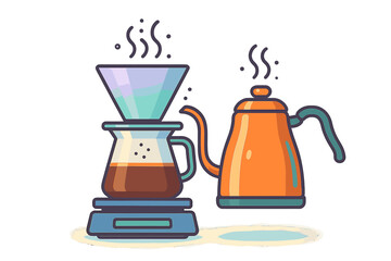 Pour-over coffee brewing setup with kettle, dripper, and carafe on a digital scale