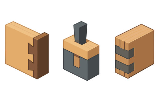 Isometric set of traditional woodworking joints including dovetail, mortise, and tenon