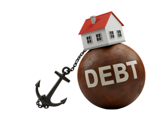 A house hanging from a weight labeled debt anchored with a chain on transparent background.