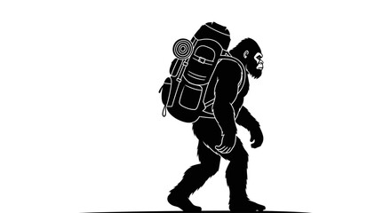 Adventurous Bigfoot hiker with backpack exploring wilderness terrain