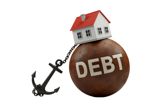 A house hanging from a weight labeled debt anchored with a chain on transparent background.