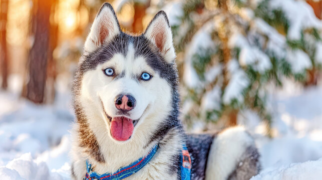 Siberian husky with blue harness sitting in snowy forest with frost on muzzle and bright winter sunlight. Energetic working dog..