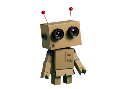Cute cardboard robot with large eyes and antennae 3d render on transparent background.