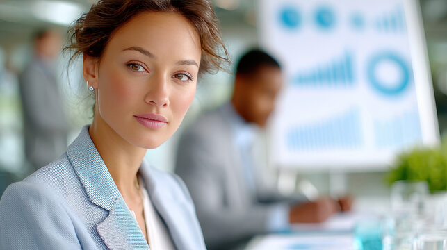 Female leader in business meeting wearing light blazer at modern conference table. Office team in soft blur with blue financial charts behind. Corporate visuals for finance and HR projects..