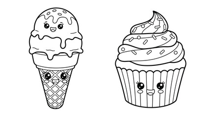 Adorable kawaii ice cream cone and cupcake characters smiling
