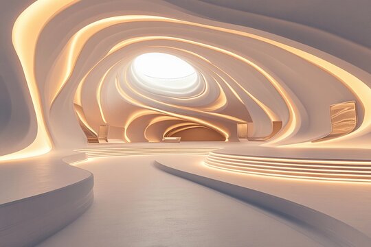 Futuristic museum showcasing symmetrical spiraling ramps illuminated by soft lighting for an immersive visitor experience - Powered by Adobe