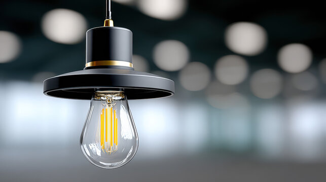 Pendant ceiling lamp with glowing bulb above desk in modern office interior. Workplace lighting in finance, technology and consulting companies during meetings and late evening work..