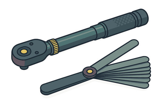 Essential mechanical tools including a torque wrench and feeler gauges for automotive precision work