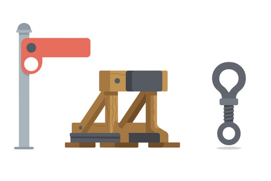 Railroad track safety components including a signal marker, wooden buffer stop, and industrial metal hook