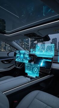 Digital displays show data inside a modern car.