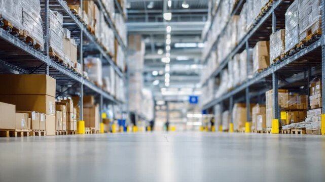 Warehouse Inventory: A wide shot showcasing rows of organized shelves in a warehouse, filled with neatly stacked packages ready for shipment, it's a bustling hub of distribution and supply chain