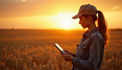 Farmer analyzes crop data on tablet computer in wheat field during sunset. Modern woman uses tech for agricultural analysis and harvest management. Golden hour light illuminates the scene.