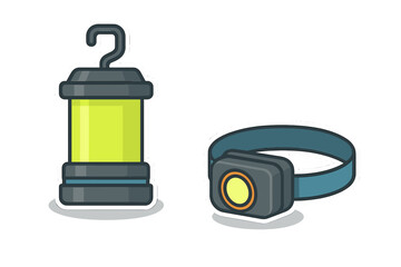 Essential outdoor camping equipment: portable hanging lantern and modern headlamp