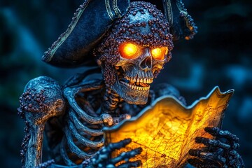 Fototapeta premium Skeletal pirate figure with glowing treasure map ready to uncover buried riches in a dark, mysterious cave