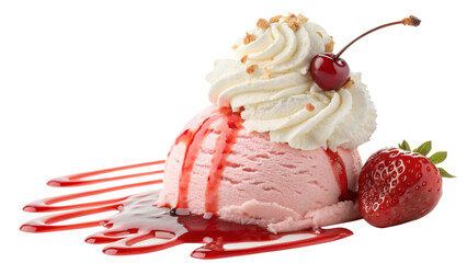Strawberry ice cream sundae with whipped cream and cherry isolated on transparent background