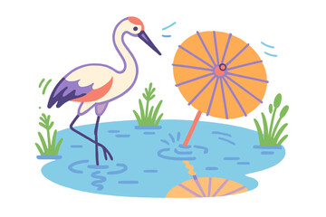 Naklejka premium Wading bird standing in shallow water next to a large orange cocktail umbrella