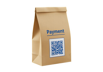 Brown paper bag with payment qr code design element on transparent background.