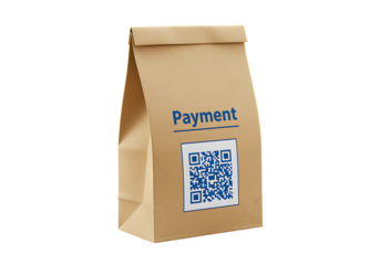 Brown paper bag with payment qr code design element on transparent background.