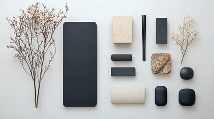 A minimalist composition of various natural elements and objects arranged on a light background, suggesting a serene and earthy aesthetic.