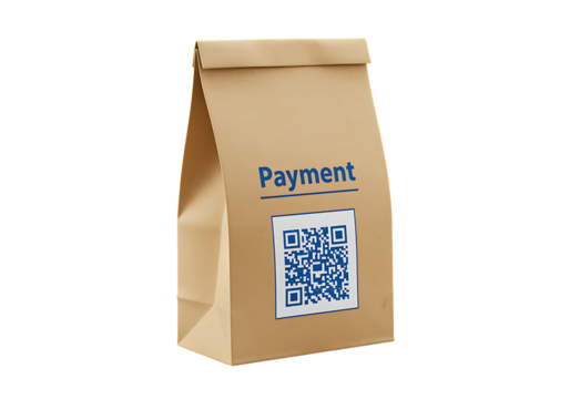 Brown paper bag with payment qr code design element on transparent background.