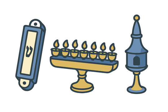 Jewish religious symbols featuring a seven-branched menorah, mezuzah case, and spice box tower