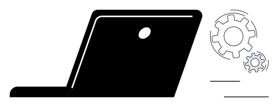 Open laptop with gears in motion representing automation, innovation, teamwork, productivity, system optimization, problem-solving, and advanced technology. Ideal for teamwork and innovation themes