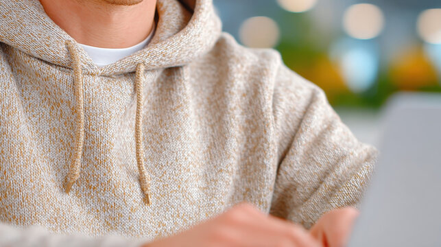 Remote it support worker in beige hoodie using laptop indoors. Online tech hotline specialist helping clients with software problems from home office..