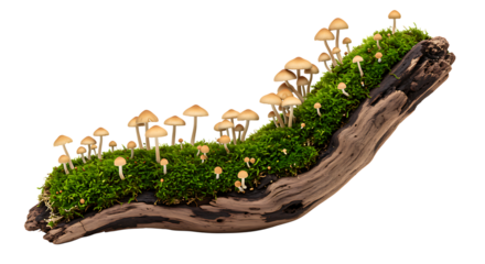A miniature forest scene with moss mushrooms and a piece of wood on transparent background.