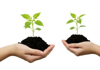 Two young plants held in hands showcasing growth and life on transparent background.