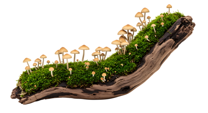 A miniature forest scene with moss mushrooms and a piece of wood on transparent background.