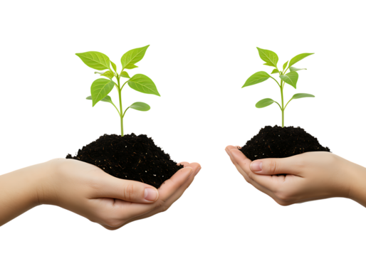 Two young plants held in hands showcasing growth and life on transparent background. - Powered by Adobe