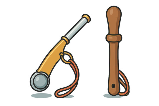 Traditional boatswain's pipe or whistle with wooden handle and lanyard for maritime signaling