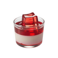 Layered red jelly dessert in a glass with a jelly cube on top isolated on transparent background