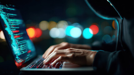 Person in hoodie typing on laptop with code on screen at night. Cyber security, data protection and online fraud risk.