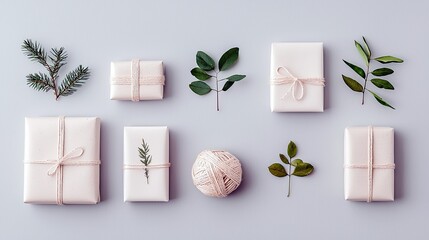A collection of elegantly wrapped gifts and natural elements arranged in a clean, minimalist composition.