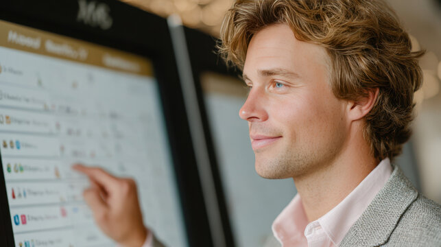 Man interacts with digital kiosk to check live sports odds and prints ticket