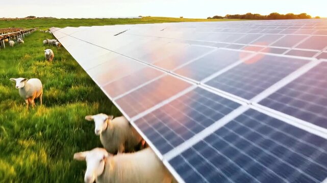 Sheep graze in a field beneath solar panels at sunset, an example of sustainable energy