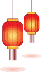 Two Hanging Chinese Lanterns with Gradient Colors and Decorative Tassels