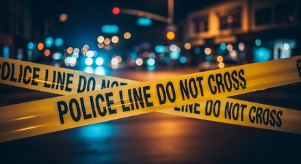 Police tape marking off a crime scene at night in a busy urban area with blurred city lights in the background