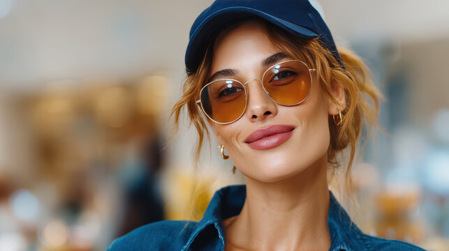 Smiling woman in cap and tinted sunglasses wearing denim jacket. Casual fashion portrait for eyewear, streetwear and social media profil