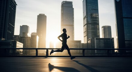 Silhouette of a man running in the city with skyscrapers in the background