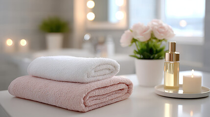 Soft pink and white towels with beauty products on spa table next to candle and flowers